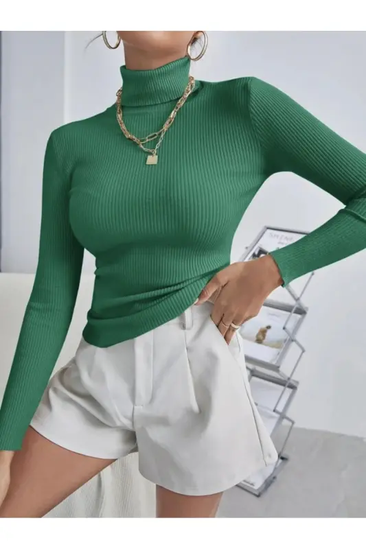 Unisex Benetton Cotton Turtleneck Ribbed Brushed Slimfit Turtleneck Sweater - Benetton Green - 2