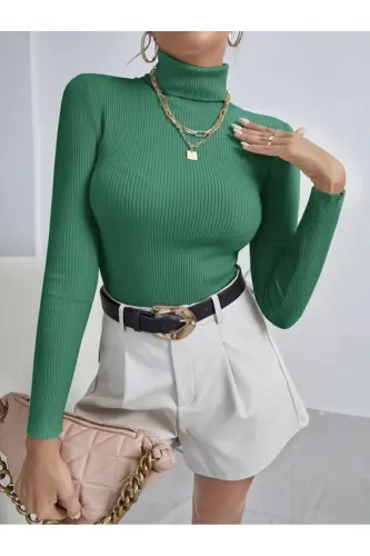 Unisex Benetton Paxtali Balıkçı Yaka Kaşkorse Şardonli Slimfit Boğazlı Kazak-Benetton Yashili 