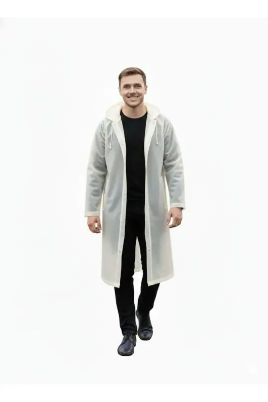 Unisex Beyaz Eva Kumaş Su Rüzgar Geçirmez Yağmurluk - Beyaz - 3