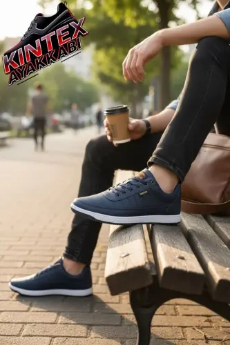 Unisex Beyaz Günlük Rahat Spor Ayakkabı Sneaker Beyaz - Lacivert - EXELLO (1)
