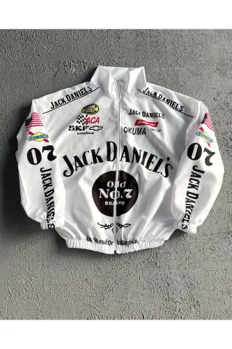 Unisex Beyaz Paraşüt Kumaş Jck Baskılı Oversize Tam Fermuarlı Yağmurluk & Rüzgarlık - White 