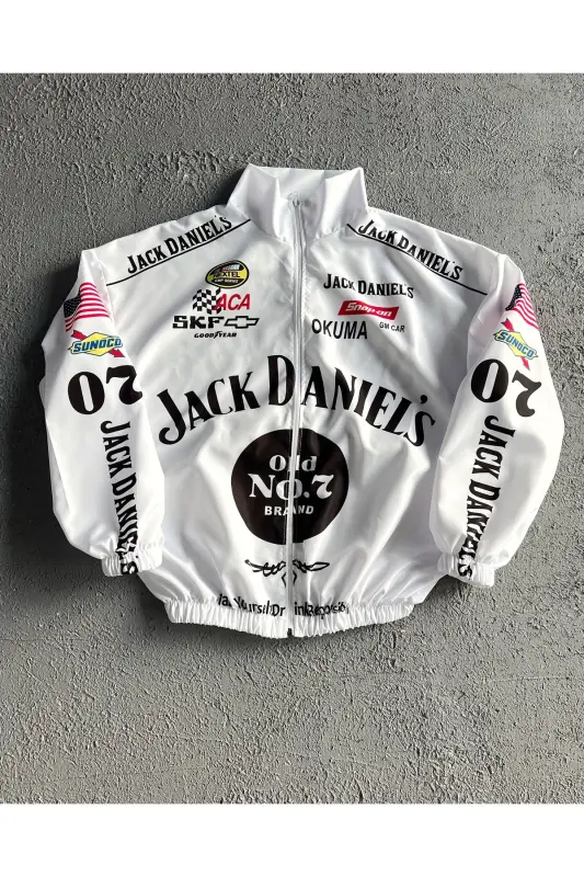 Unisex Beyaz Paraşüt Kumaş Jck Baskılı Oversize Tam Fermuarlı Yağmurluk & Rüzgarlık - White - 1