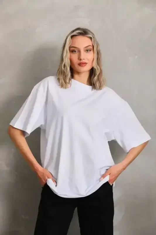 Unisex Bisiklet Yaka 20/1 Düz Oversize T-Shirt - Beyaz - 2