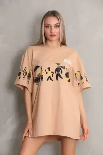 Unisex Bisiklet Yaka Baskılı Oversize T-Shirt - Bej - BÜYÜKBEDENIZ (1)