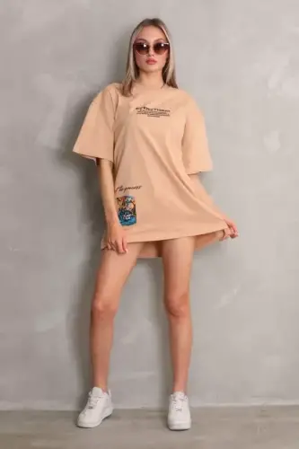Unisex Bisiklet Yaka Baskılı Oversize T-Shirt - Bej - 4