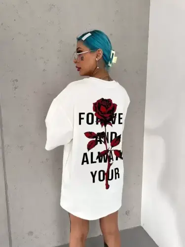 Unisex Bisiklet Yaka Baskılı Oversize T-Shirt - Beyaz - BÜYÜKBEDENIZ (1)