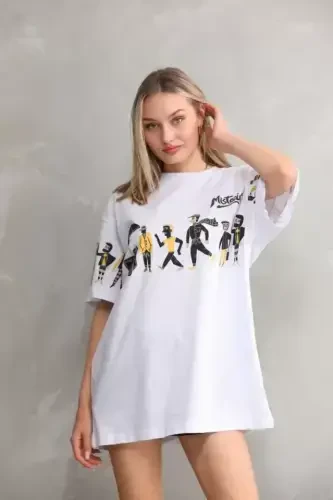 Unisex Bisiklet Yaka Baskılı Oversize T-Shirt - Beyaz - BÜYÜKBEDENIZ (1)