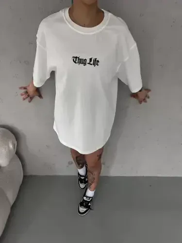 Unisex Bisiklet Yaka Baskılı Oversize T-Shirt - Beyaz - 1