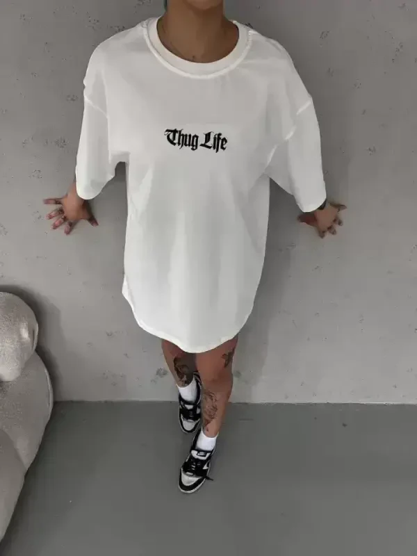 Unisex Bisiklet Yaka Baskılı Oversize T-Shirt - Beyaz - 1