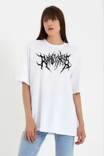 Unisex Bisiklet Yaka Baskılı Oversize T-Shirt - Beyaz - 1
