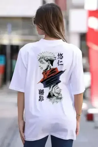 Unisex Bisiklet Yaka Baskılı Oversize T-Shirt - Beyaz - BÜYÜKBEDENIZ (1)