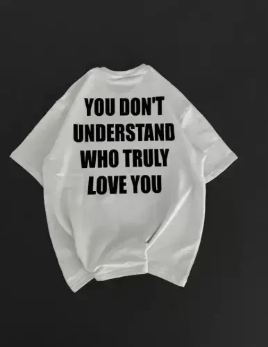 Unisex Bisiklet Yaka Baskılı Oversize T-Shirt - Beyaz - BÜYÜKBEDENIZ (1)