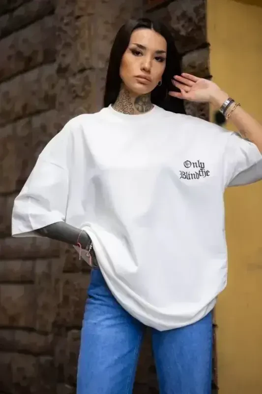 Unisex Bisiklet Yaka Baskılı Oversize T-Shirt - Beyaz - BÜYÜKBEDENIZ