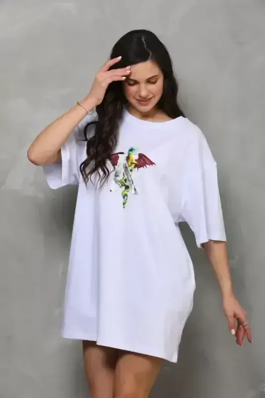 Unisex Bisiklet Yaka Baskılı Oversize T-Shirt - Beyaz - BÜYÜKBEDENIZ