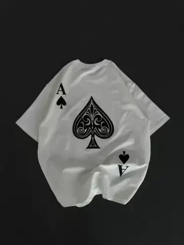 Unisex Bisiklet Yaka Baskılı Oversize T-Shirt - Beyaz - BÜYÜKBEDENIZ (1)