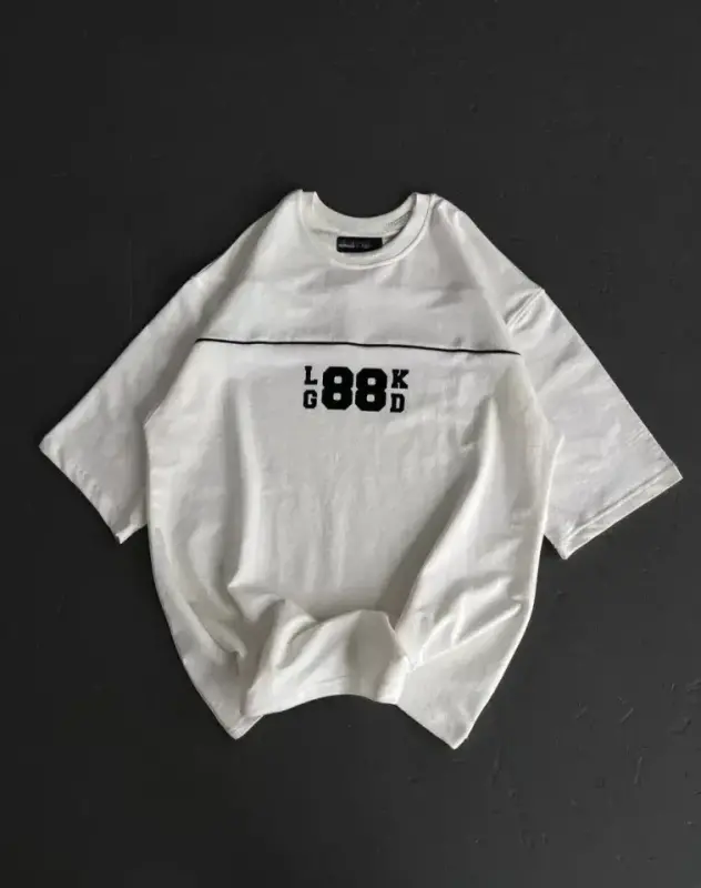 Unisex Bisiklet Yaka Baskılı Oversize T-Shirt - Beyaz - BÜYÜKBEDENIZ