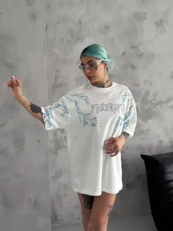 Unisex Bisiklet Yaka Baskılı Oversize T-Shirt - Beyaz - BÜYÜKBEDENIZ