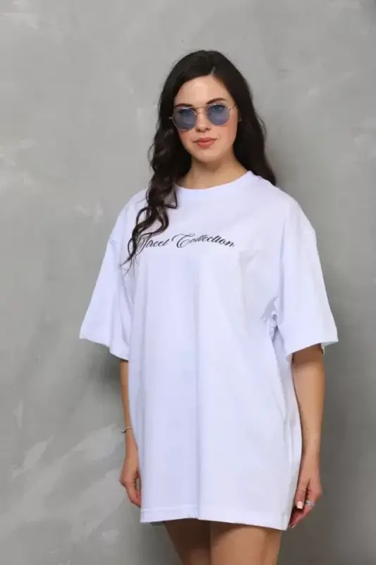 Unisex Bisiklet Yaka Baskılı Oversize T-Shirt - Beyaz - BÜYÜKBEDENIZ