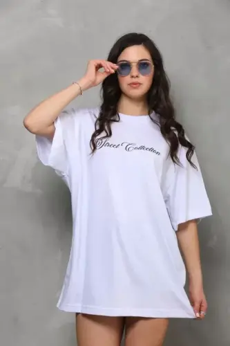 Unisex Bisiklet Yaka Baskılı Oversize T-Shirt - Beyaz - BÜYÜKBEDENIZ (1)