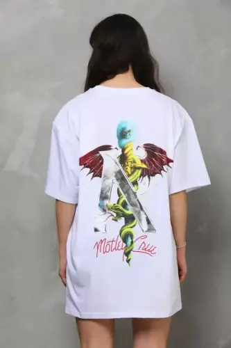 Unisex Bisiklet Yaka Baskılı Oversize T-Shirt - Beyaz - 8