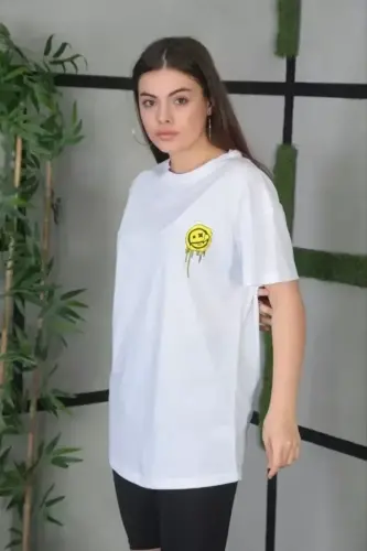 Unisex Bisiklet Yaka Baskılı Oversize T-Shirt - Beyaz - BÜYÜKBEDENIZ (1)