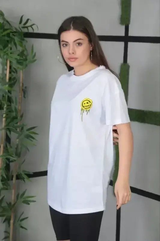 Unisex Bisiklet Yaka Baskılı Oversize T-Shirt - Beyaz - 2