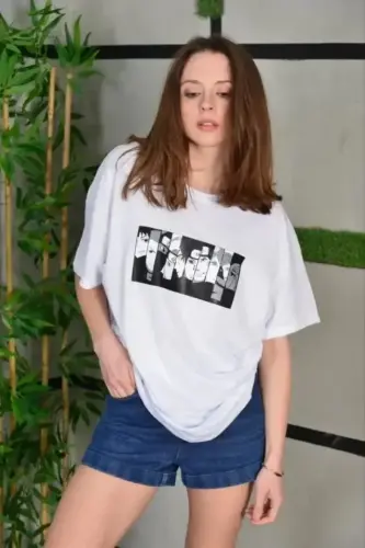 Unisex Bisiklet Yaka Baskılı Oversize T-Shirt - Beyaz - BÜYÜKBEDENIZ (1)