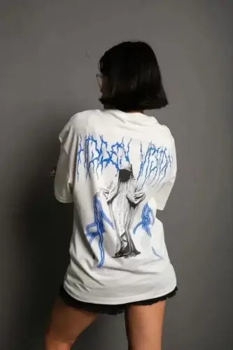 Unisex Bisiklet Yaka Baskılı Oversize T-Shirt - Beyaz - BÜYÜKBEDENIZ (1)