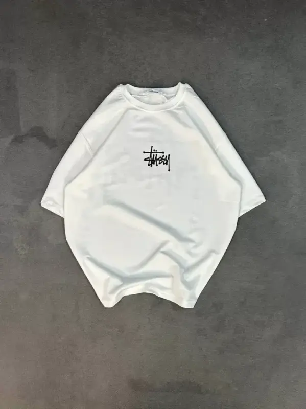 Unisex Bisiklet Yaka Baskılı Oversize T-Shirt - Beyaz - BÜYÜKBEDENIZ