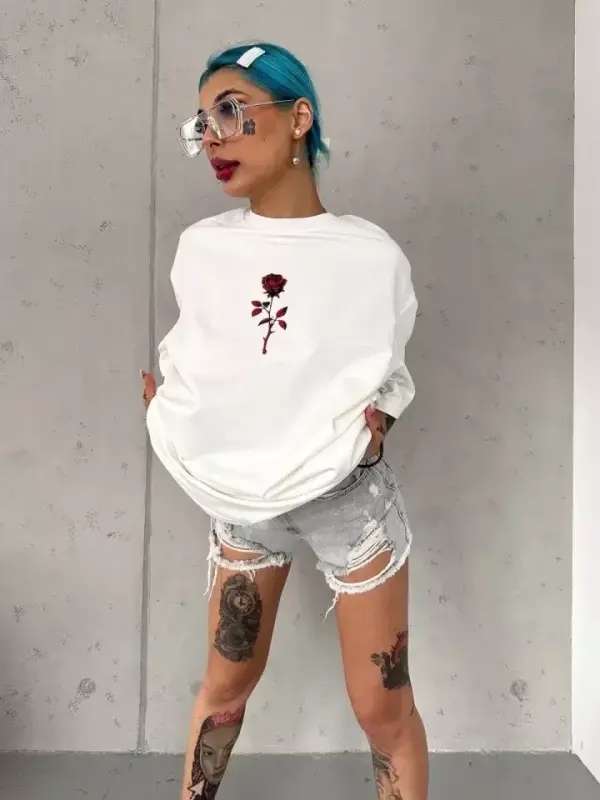 Unisex Bisiklet Yaka Baskılı Oversize T-Shirt - Beyaz - BÜYÜKBEDENIZ