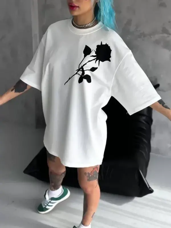 Unisex Bisiklet Yaka Baskılı Oversize T-Shirt - Beyaz - BÜYÜKBEDENIZ
