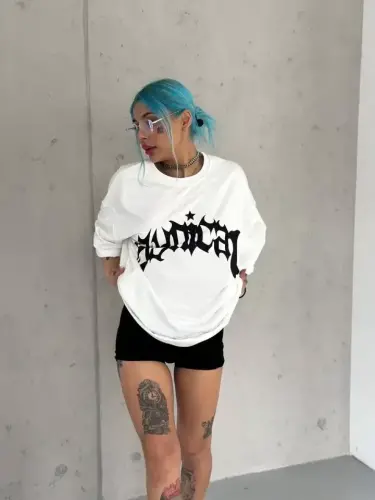 Unisex Bisiklet Yaka Baskılı Oversize T-Shirt - Beyaz - BÜYÜKBEDENIZ (1)