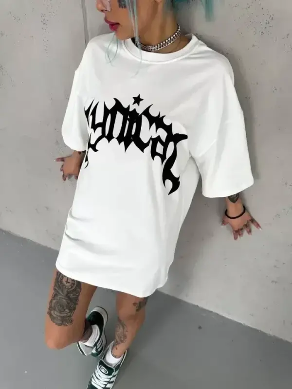 Unisex Bisiklet Yaka Baskılı Oversize T-Shirt - Beyaz - BÜYÜKBEDENIZ