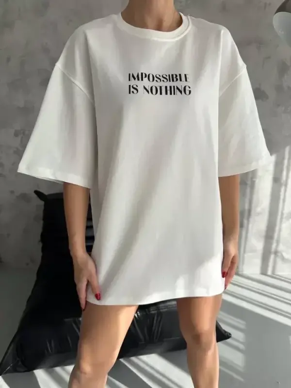 Unisex Bisiklet Yaka Baskılı Oversize T-Shirt - Beyaz - BÜYÜKBEDENIZ