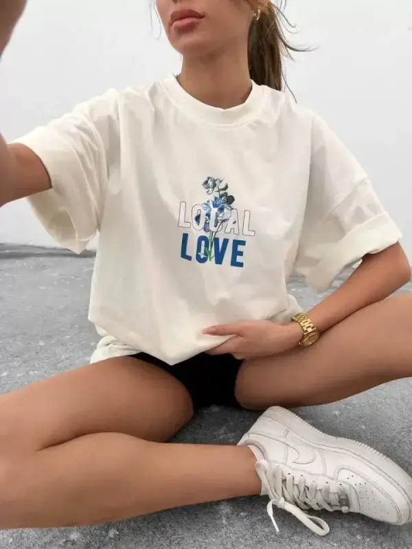 Unisex Bisiklet Yaka Baskılı Oversize T-Shirt - Beyaz - BÜYÜKBEDENIZ