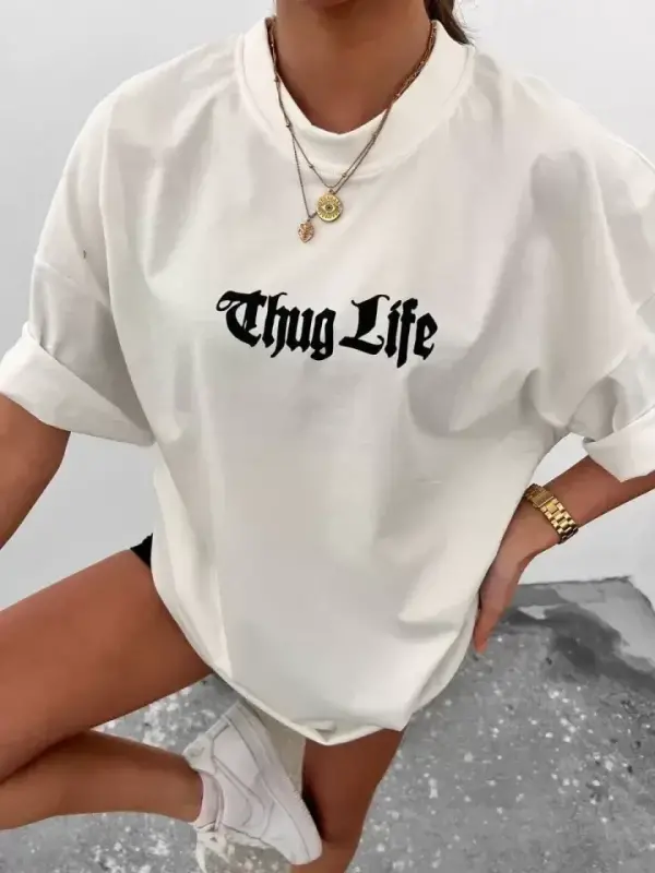 Unisex Bisiklet Yaka Baskılı Oversize T-Shirt - Beyaz - BÜYÜKBEDENIZ