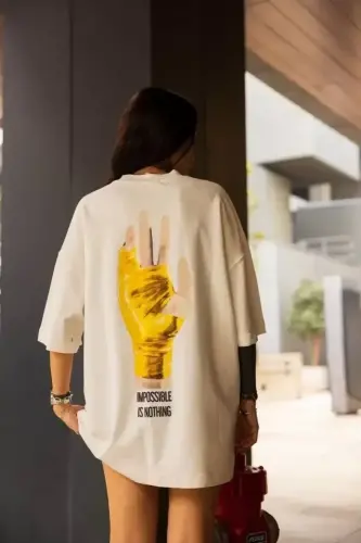 Unisex Bisiklet Yaka Baskılı Oversize T-Shirt - Beyaz - BÜYÜKBEDENIZ (1)