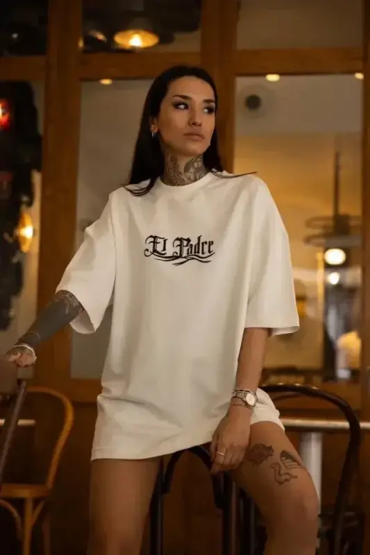 Unisex Bisiklet Yaka Baskılı Oversize T-Shirt - Beyaz - BÜYÜKBEDENIZ