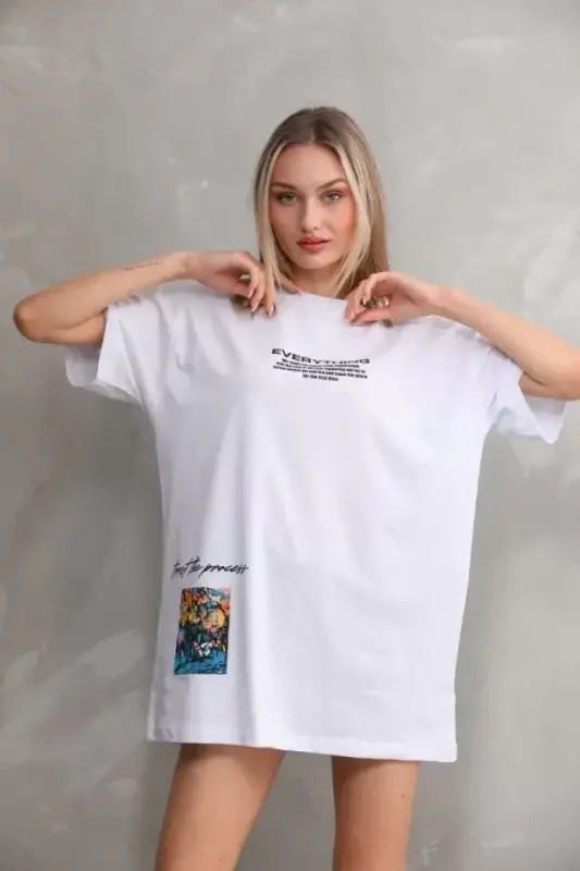 Unisex Bisiklet Yaka Baskılı Oversize T-Shirt - Beyaz - BÜYÜKBEDENIZ