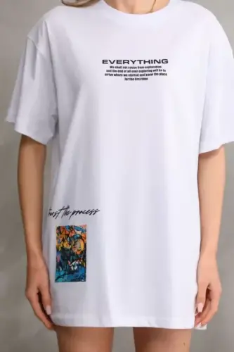 Unisex Bisiklet Yaka Baskılı Oversize T-Shirt - Beyaz - 2