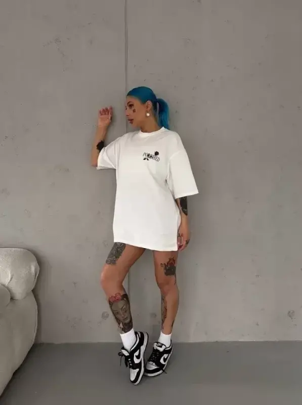 Unisex Bisiklet Yaka Baskılı Oversize T-Shirt - Beyaz - BÜYÜKBEDENIZ
