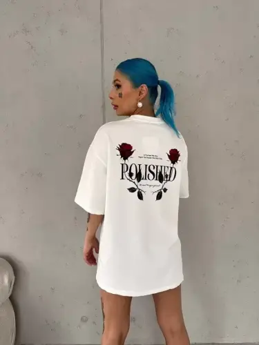 Unisex Bisiklet Yaka Baskılı Oversize T-Shirt - Beyaz - BÜYÜKBEDENIZ (1)