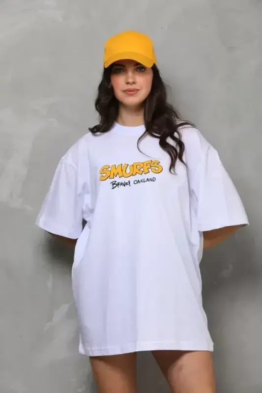 Unisex Bisiklet Yaka Baskılı Oversize T-Shirt - Beyaz - BÜYÜKBEDENIZ
