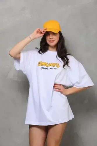 Unisex Bisiklet Yaka Baskılı Oversize T-Shirt - Beyaz - BÜYÜKBEDENIZ (1)