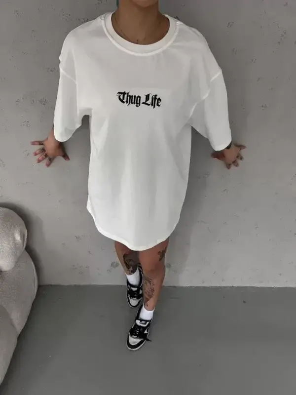 Unisex Bisiklet Yaka Baskılı Oversize T-Shirt - Beyaz - BÜYÜKBEDENIZ