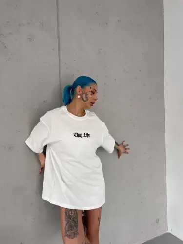Unisex Bisiklet Yaka Baskılı Oversize T-Shirt - Beyaz - BÜYÜKBEDENIZ (1)