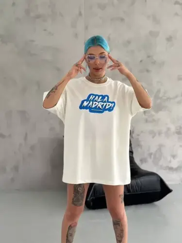 Unisex Bisiklet Yaka Baskılı Oversize T-Shirt - Beyaz - BÜYÜKBEDENIZ (1)