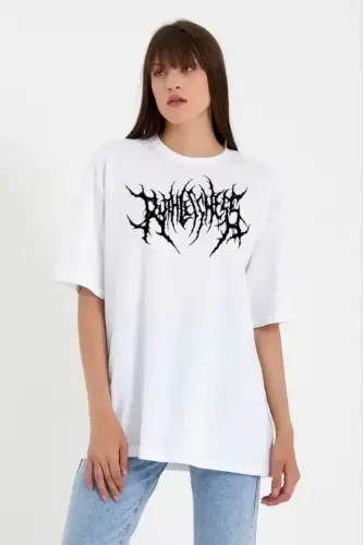 Unisex Bisiklet Yaka Baskılı Oversize T-Shirt - Beyaz - 1