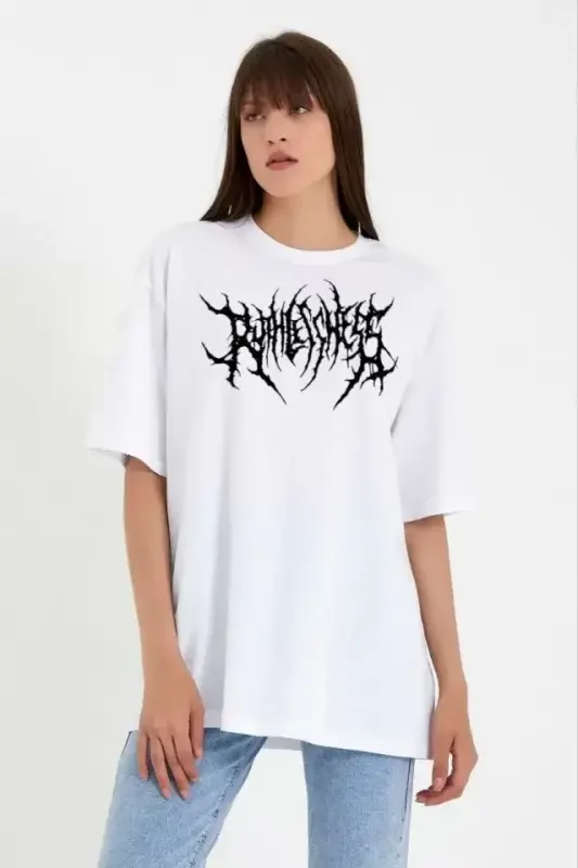 Unisex Bisiklet Yaka Baskılı Oversize T-Shirt - Beyaz - 1