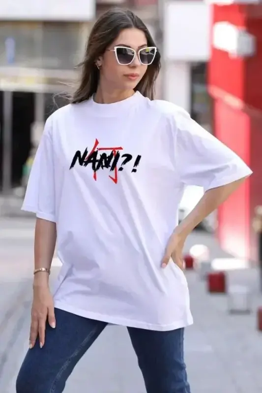 Unisex Bisiklet Yaka Baskılı Oversize T-Shirt - Beyaz - BÜYÜKBEDENIZ